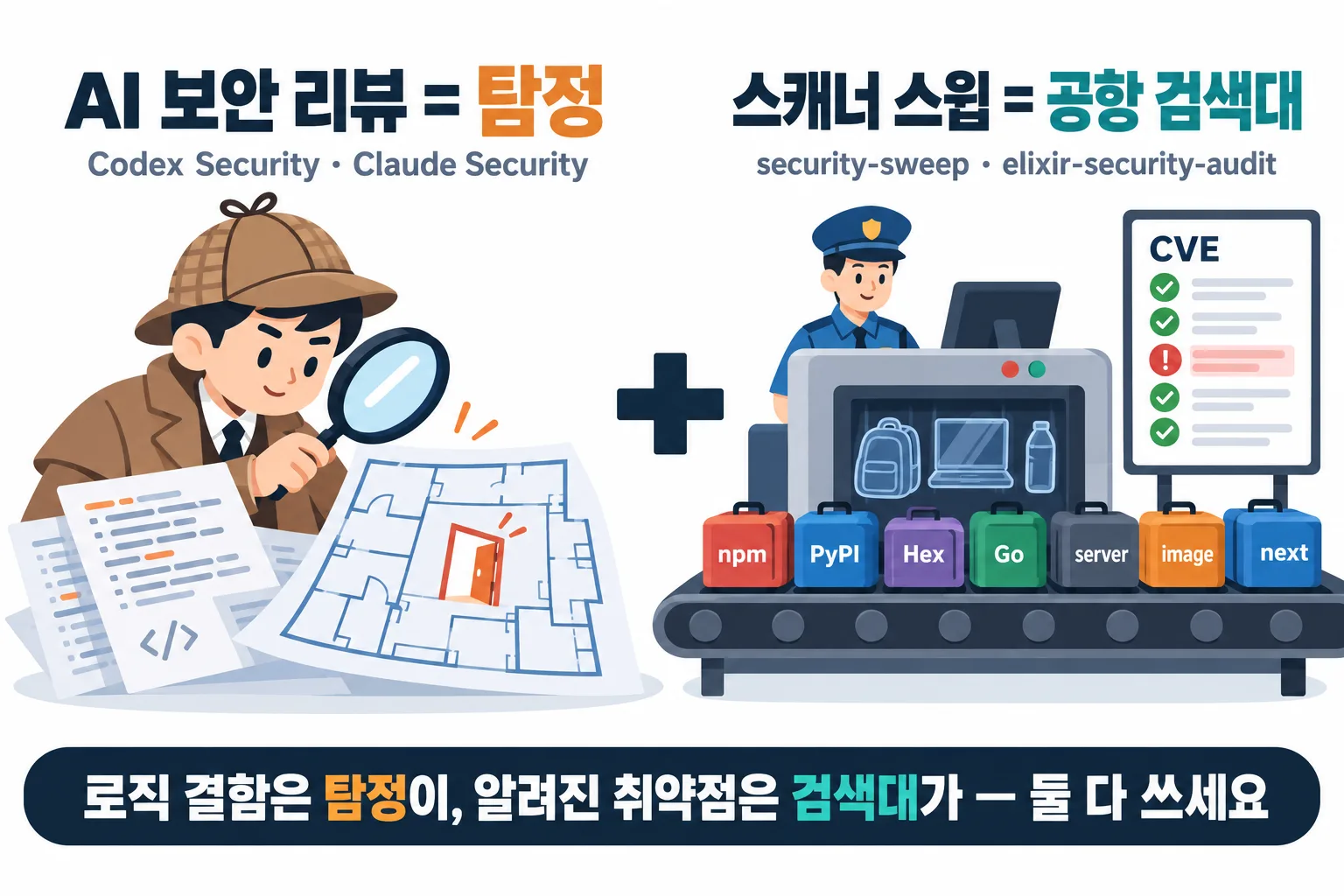 탐정과 공항 검색대: 로직 결함은 AI 보안 리뷰가, 알려진 취약점은 스캐너 스윕이 찾습니다