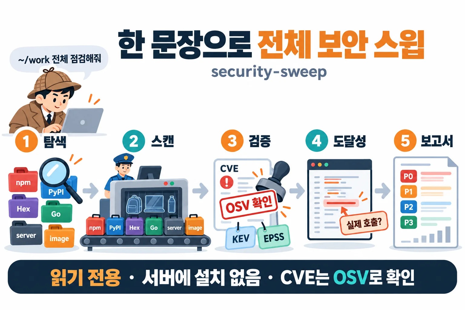 한 문장으로 전체 보안 스윕: 탐색, 스캔, 검증, 도달성, 보고서 5단계 파이프라인